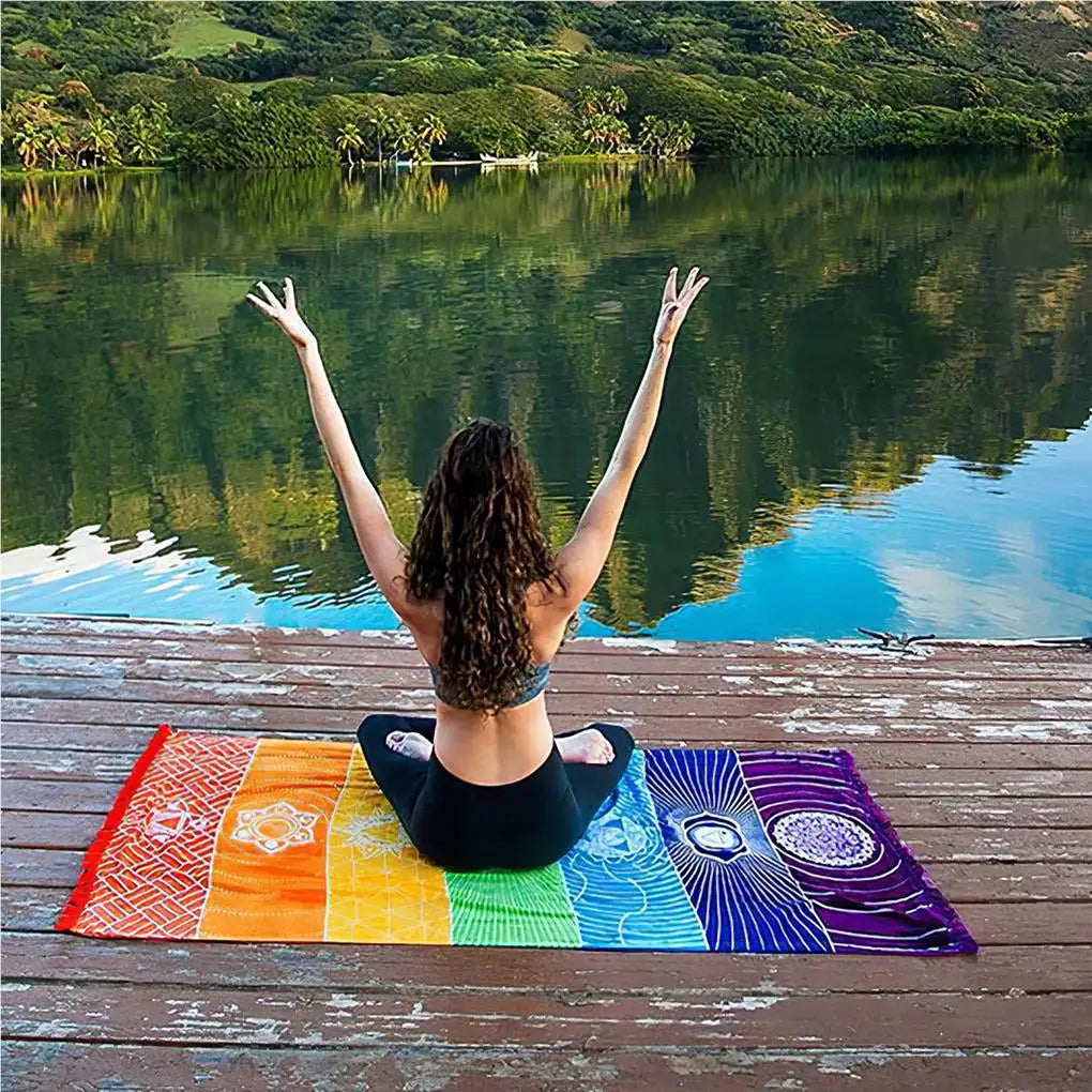 Meditation Yoga Rug Multipurpose Tassel Floor Mat Chakras Sun-proof Shawl Rectangular Colorful Tapestry for Travel